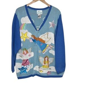 The Quacker Factory Blue Angel Embroidered Beaded Cardigan Women Size 2X BLEMISH